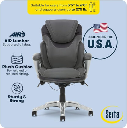 Serta Bryce Executive Office Chair - Ergonomic Computer Desk Chair with Patented AIR Lumbar Technology - Adjustable Height - Memory Foam Body Pillows - 360° Swivel Rolling Base - Bonded Leather - Gray