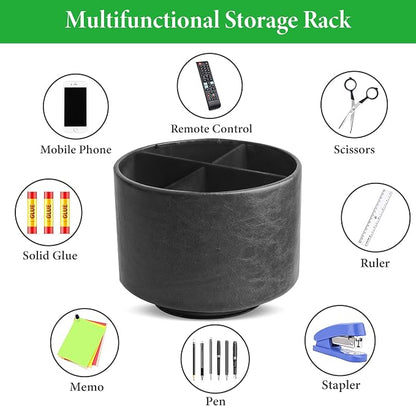 Round Leather Art Supply Organizer,Remote Control Holder,360 Degree Spinning,Multi-Functional Pencil Holder,4 Compartments Desktop Stationary Organizer(1-Oil Black)