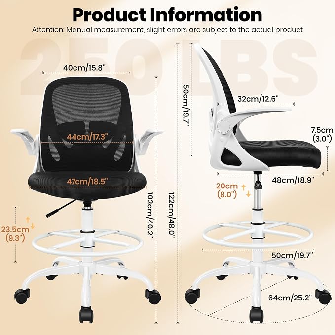 Primy Ergonomic Drafting Chair with Flip-up Armrests Tall Office Chair for Standing Desk Comfortable Desk Chair with Adjustable Footrest Ring and Lumbar Support in Gray Perfect for Home (White)