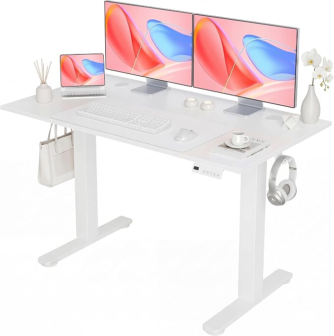 YDN Electric Standing Desk Adjustable Height, 48 x 24 Inches Sit Stand up Desk with Memory Presets & Cable Management, Home Office Desk for Office & Computer Workstation, White Frame/White Top