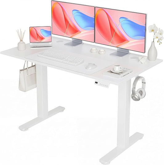 YDN Electric Standing Desk Adjustable Height, 48 x 24 Inches Sit Stand up Desk with Memory Presets & Cable Management, Home Office Desk for Office & Computer Workstation, White Frame/White Top