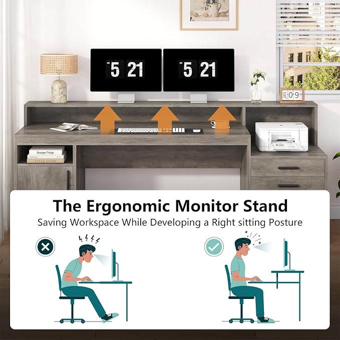 YOMILUVE Executive Computer Desk with 3 Drawers & Storage Shelves, 65 Inch Home Office Desk with File Drawer & Cabinet, Writing Study Desks with Monitor Stand & Printer Shelf, Executive Desk, Grey