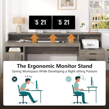 YOMILUVE Executive Computer Desk with 3 Drawers & Storage Shelves, 65 Inch Home Office Desk with File Drawer & Cabinet, Writing Study Desks with Monitor Stand & Printer Shelf, Executive Desk, Grey