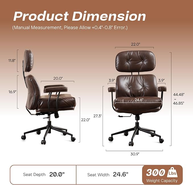 CAODOC Big and Tall Office Chair, 300LBS PU Leather Executive Office Chair Whit Lumbar Support, Managerial Home Desk Chair, Heavy Duty High Back Computer Chair(PU Leather Coffee)