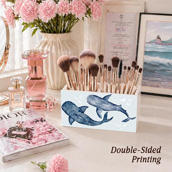 Whale Shark Beach Pen Pencil Holder for Desk Blue Whale Shark Gifts，Coastal Ocean Marine Biology Wooden Box Sign Decorations for Home Office Desk Tabletop，Beach Office Decor,