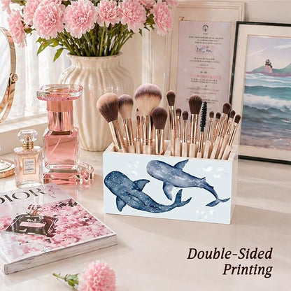 Whale Shark Beach Pen Pencil Holder for Desk Blue Whale Shark Gifts，Coastal Ocean Marine Biology Wooden Box Sign Decorations for Home Office Desk Tabletop，Beach Office Decor,