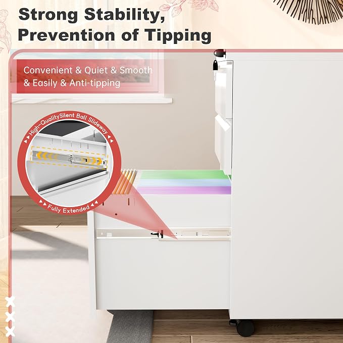 Superday White 3 Drawer Mobile Locking File Cabinet, Metal Rolling Vertical Filing Cabinet with Drawers, Small Under Desk File Cabinets for Office and Home, Fully Assemble