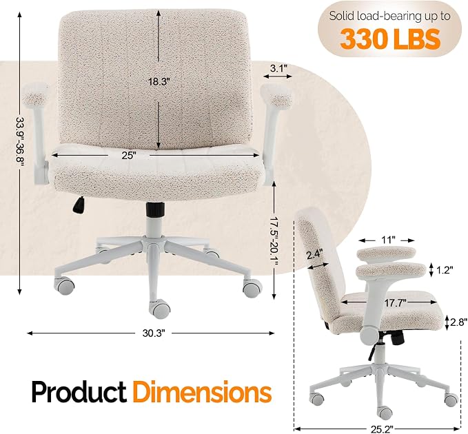 VINGLI Criss Cross Chair with Adjustable Flip-Up Arms,Cross Legged Chair with Wheels,Extra Wide Office Chair,Desk Chair for Home Office,Vanity,Bedroom, Apartment,Starry Chenille,White