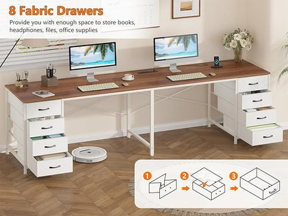 YOMILUVE 95'' Two Person Desk with 8 Drawers, Long Office Desk with Charging Station, 2 Person Desks Double Desk Writing Study Table for Home Office, Brown and White