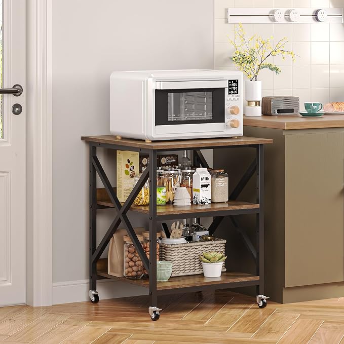 VENNQD 23.6 x 23.6 x 30.3 Inches Printer Stand, Large Printer Table with Adjustable Middle Shelf, Rolling Printer Cart with Wheels, 3 Tier Printer Table for Home Office Scanner Fax, Rustic Brown