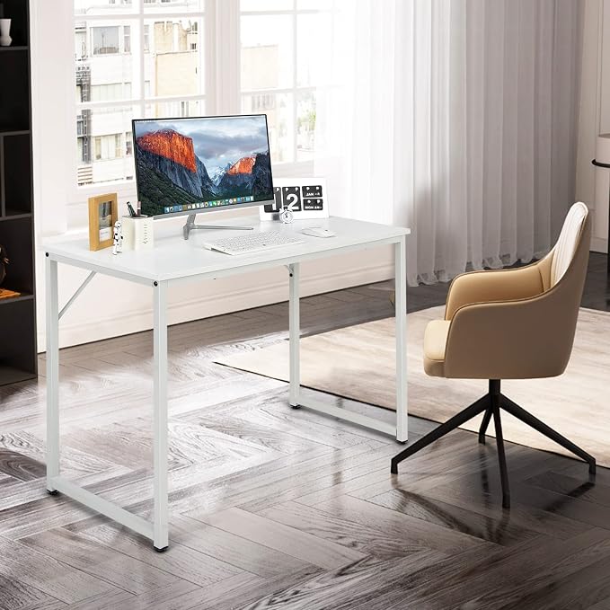 COSTWAY Home Office Computer Desk, 40 inch Modern Simple Writing Study Desk, Metal Frame Gaming Desk, Laptop PC Workstation for Living Room, Bedroom & Study (White)