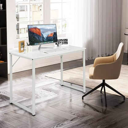 COSTWAY Home Office Computer Desk, 40 inch Modern Simple Writing Study Desk, Metal Frame Gaming Desk, Laptop PC Workstation for Living Room, Bedroom & Study (White)