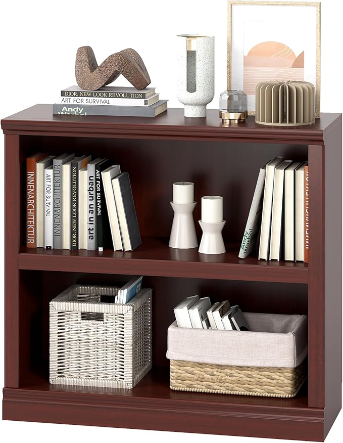 blini 2-Shelf Bookcase Mahogany Wooden Bookshelves 33in Wide Floor Standing Display Storage Shelves Mahogany Bookcase for Home Office, Living Room, Bed Room
