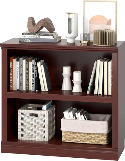 blini 2-Shelf Bookcase Mahogany Wooden Bookshelves 33in Wide Floor Standing Display Storage Shelves Mahogany Bookcase for Home Office, Living Room, Bed Room