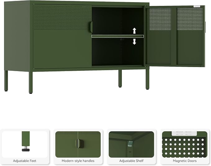 Metal Storage Cabinet,2 Door TV Stand, Metal Mesh Accent Cabinet,Magnetic Door Closure,Low Storage Cabinets with Doors and Shelves