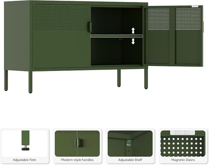 Metal Storage Cabinet,2 Door TV Stand, Metal Mesh Accent Cabinet,Magnetic Door Closure,Low Storage Cabinets with Doors and Shelves