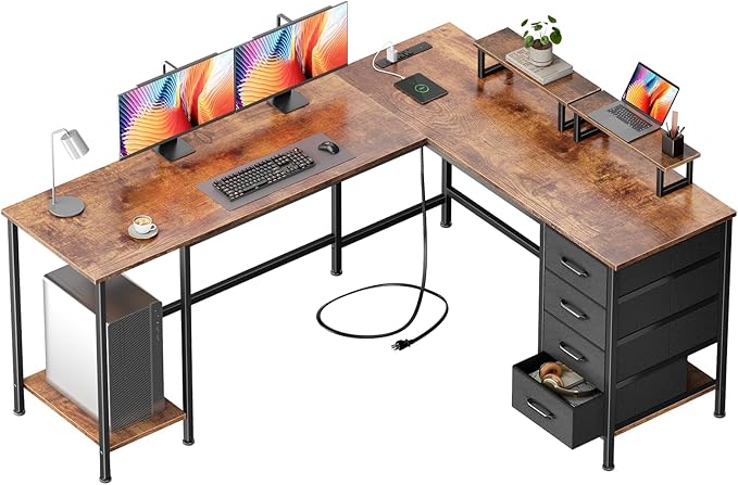 Korfile 66" L Shaped Computer Desk with Power Outlets, Home Office Desk with 4 Adjustable Storage Drawers & 2 Monitor Stands, Large Two Person Gaming Table for Writing Study, Rustic Brown
