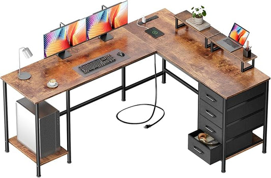 Korfile 66" L Shaped Computer Desk with Power Outlets, Home Office Desk with 4 Adjustable Storage Drawers & 2 Monitor Stands, Large Two Person Gaming Table for Writing Study, Rustic Brown