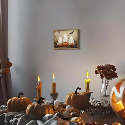 Framed Rustic Halloween Ghost Wall Art - Vintage Farmhouse Ghosts Pumpkins and Bats Canvas Print, Country Cottage Halloween Wall Decor for Living Room Bedroom, 8x10in Wood Frame