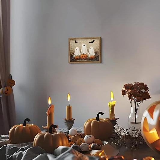 Framed Rustic Halloween Ghost Wall Art - Vintage Farmhouse Ghosts Pumpkins and Bats Canvas Print, Country Cottage Halloween Wall Decor for Living Room Bedroom, 8x10in Wood Frame