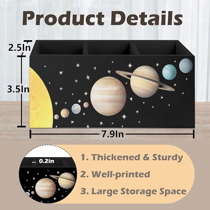 Black Space Themed Bedroom Decor Gift for Kids Men, Outer Space Decor Wooden Pen Pencil Holder for Desk, The Solar System Wood Makeup Brush Toothbrush Holder Organizer for Library Bedroom