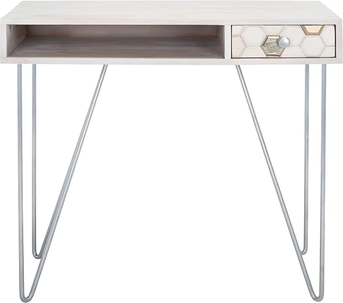 SAFAVIEH Home Office Collection Raveena White Wash and Silver 1-Drawer Hairpin Leg Desk