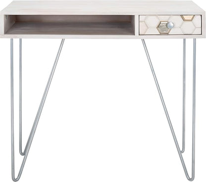 SAFAVIEH Home Office Collection Raveena White Wash and Silver 1-Drawer Hairpin Leg Desk