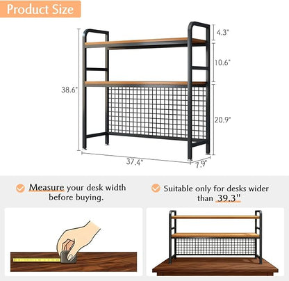 IOTXY 2-Tier Desktop Hutch Bookshelf - Metal Desk Shelf Bookcase with Grid Panel, Countertop Storage Organizer Rack for Dorm or Office, Black, 37.4" W