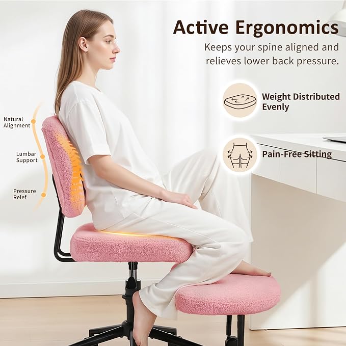 Criss Cross Chair Armless Office Chair for Cross Legged Sitting, 300lb Heavy Duty Ergonomic Desk Chair for ADHD, Adjustable Meditation Yoga Kneeling Chair with Brake Wheels for Home Office (Pink)