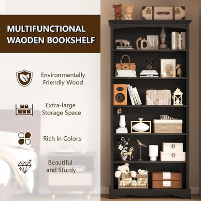 TVU 6-Tier Wooden Bookshelf, 76 Inch Tall Bookshelf with Storage, Floor Standing Modern Style Display Bookcase for Living Room, Office, Study Room, Entryway, Black