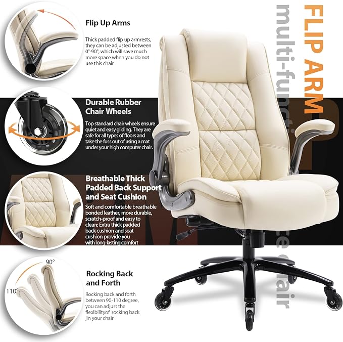 EZAKI High Back Office Chair-Flip-up Arms Executive Computer Desk Chair, Built-in Lumbar Support Thick Padded Adjustable Rock Tension Ergonomic Design for Back Pain (Beige)