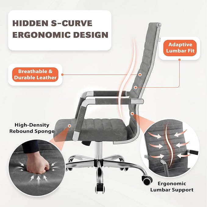 Furmax Ribbed Office Chair High Back PU Leather Executive Conference Chair Adjustable Swivel Chair with Arms (Bicolor Vintage Grey)