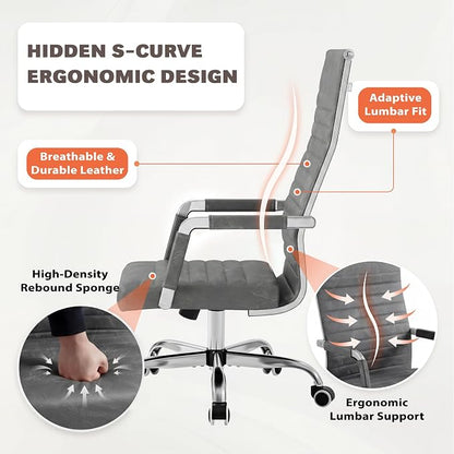 Furmax Ribbed Office Chair High Back PU Leather Executive Conference Chair Adjustable Swivel Chair with Arms (Bicolor Vintage Grey)
