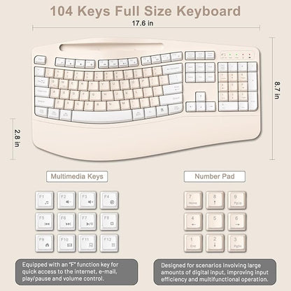 Wireless Keyboard and Mouse Combo, 2.4G Full Size Wave Keys Ergonomic Keyboard with Wrist Rest, Phone Holder, 3-Level DPI Wireless Silent Mouse with 6-Buttons, for Windows (Milk Tea-A)