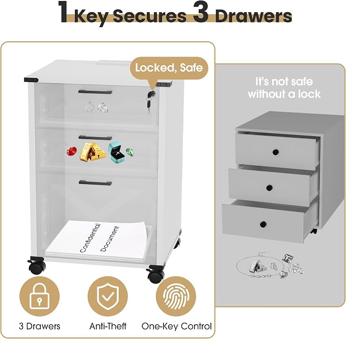 Onelike Small Wood File Cabinet with Lock, Nightstand with Charging Station, 3 Drawer Under Desk Lateral Filing Cabinets for Home Office, Printer Stand with Storage, White