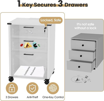 Onelike Small Wood File Cabinet with Lock, Nightstand with Charging Station, 3 Drawer Under Desk Lateral Filing Cabinets for Home Office, Printer Stand with Storage, White