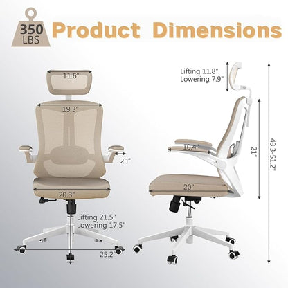 Ergonomic Office Chair - 350LB Comfy Desk Chairs with Adjustable Headrest and Lumbar Back Support, Mesh Computer Chairs with Wheels and Arms for Home Office, Study (Khaki-with Headrest)