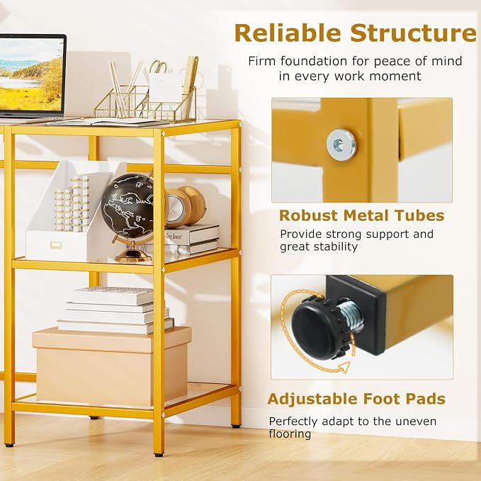 GOFLAME Computer Desk with Shelves, 42” Home Office Desk with Metal Frame, Tempered Glass Study Writing Table, Modern Simple PC Desk for Living Room Bedroom (Golden)