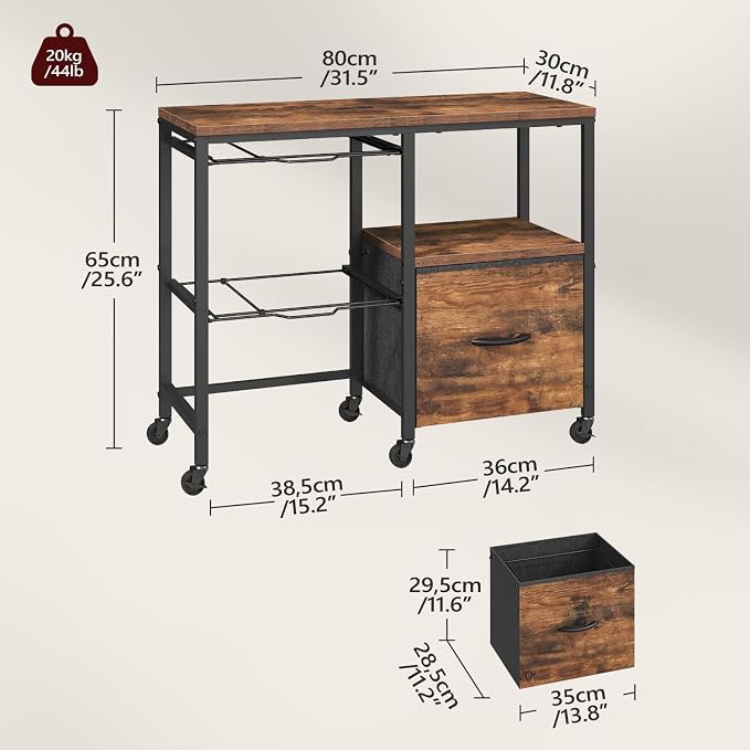 MAHANCRIS Rolling File Cabinet with Printer Stand, Mobile Lateral Filing Cabinet for Home Office, Office Storage Cart with Fabric Drawer & Hanging File Racks, Rustic Brown FCHR6001