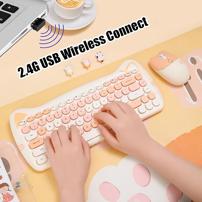 Cute Cat 2.4G USB Wireless Keyboard and Mouse Combo, Silent Keys, Candy Colors, Compatible with Notebook, PC (MilkTea-84Keys)