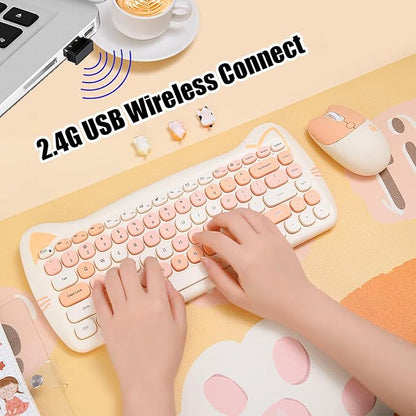 Cute Cat 2.4G USB Wireless Keyboard and Mouse Combo, Silent Keys, Candy Colors, Compatible with Notebook, PC (MilkTea-84Keys)