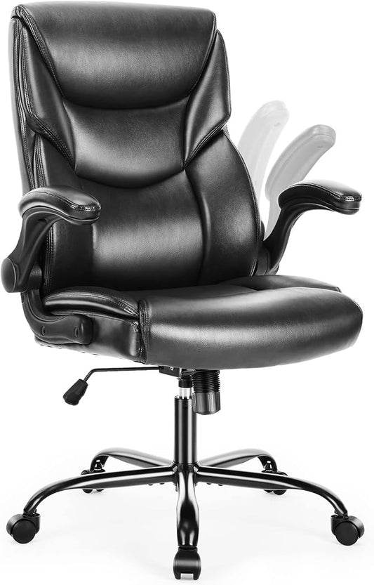 DUMOS PU Leather Office Chair - Ergonomic Executive Computer Desk Chairs with Adjustable Flip-up Armrest, Swivel Task Chair with Lumbar Support, Strong Metal Base,Inky