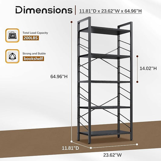 DurayLoly 5 Tier Bookshelf, Industrial Tall Bookcase, Modern Display Book Shelf with Metal Frame and Sidebars for Bedroom, Living Room and Home Office, Black