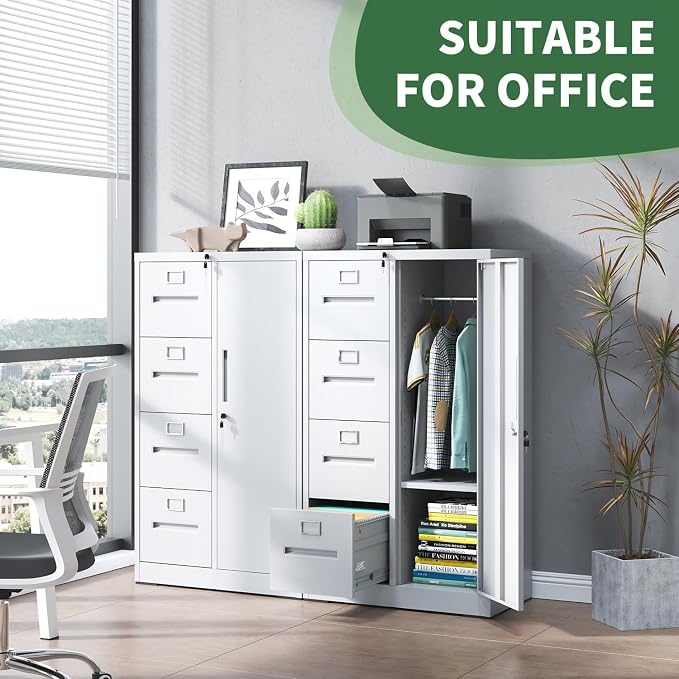 File Cabinet 4 Drawer, Vertical File Cabinet with Lock and 1 Door, File Cabinet with Storage Shelves for A4 Legal/Letter, Assembly Required (White)