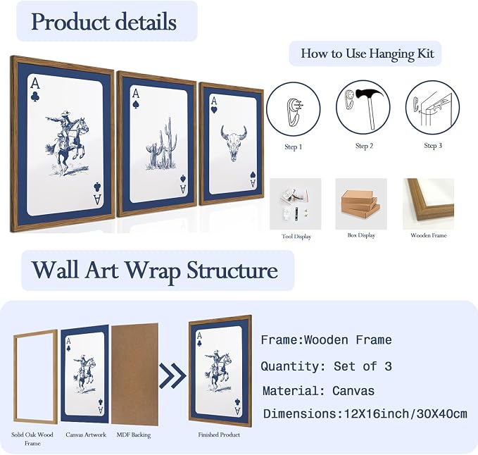Western Wall Art Set of 3, Blue Cowboy Wall Decor Trendy Southwestern Playing Card Longhorn Bull Skull Poster Canvas Aesthetics Prints for Bedroom Living Room 12x16 inch Wood Framed