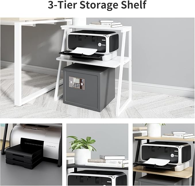 PUNCIA 3 Tier Wood Desktop Printer Stand Large Capacity Storage Rack | White Heavy Duty Shelf Fits Laser Printers Copiers Fax Machines Books Organizer for Home Office Dorm Room