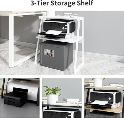 PUNCIA 3 Tier Wood Desktop Printer Stand Large Capacity Storage Rack | White Heavy Duty Shelf Fits Laser Printers Copiers Fax Machines Books Organizer for Home Office Dorm Room