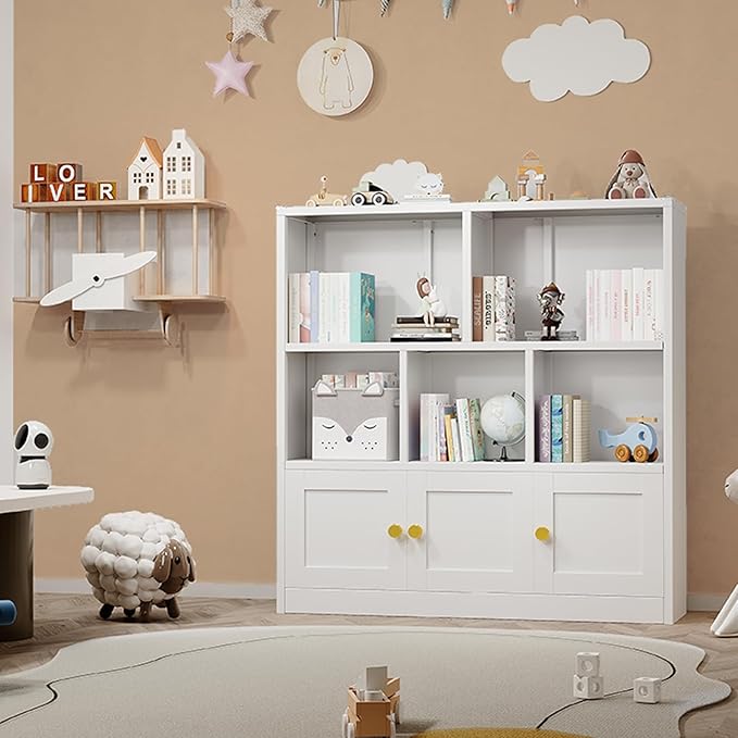 erosoei Kids Bookshelf and Toy Storage Organizer with 3 Cabinet and 5 Open Cubbies，Kids Toys Storage Organizer Shelf with Corner Guard，Multifunctional Floor Chest for Playroom and Kid's Room（White）