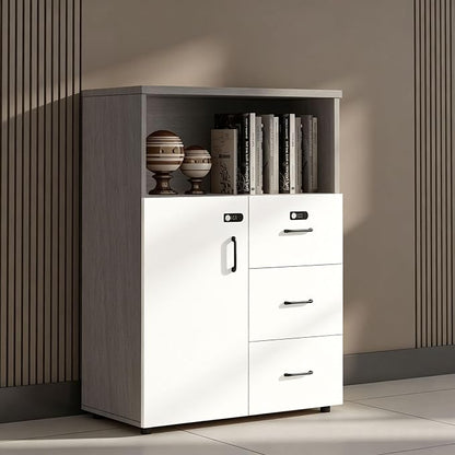 File Cabinet with Password Lock, Wood Lateral Filing Cabinet for Letter/A4 Files, 3 Drawer with Door, Printer Stand with Open Shelves for Home Office
