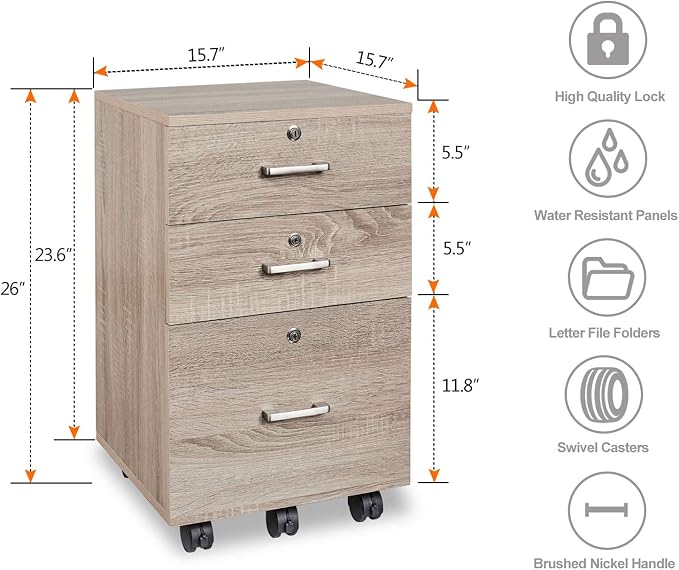 Bonnlo 26"H 3 Drawer File Cabinet with Lock, Rolling File Cabinet Under Desk, Mobile File Cabinets for Home Office, Wood File Cabinet Printer Stand for Letter Size File Folders, Assembly Required, Oak